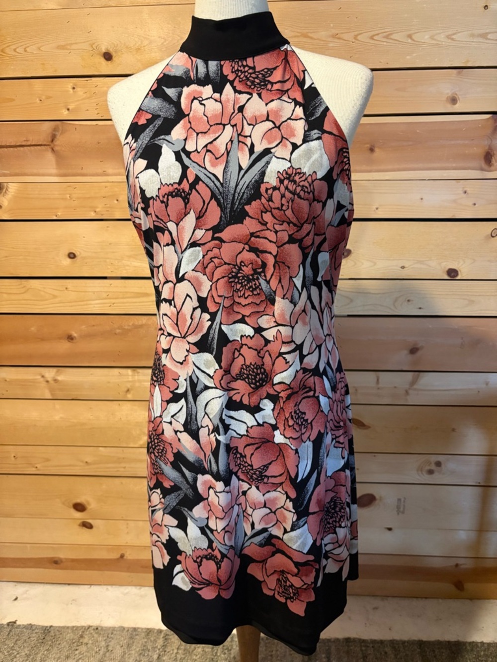 Chico's Floral Halter Mini Dress - Black and Coral Pink